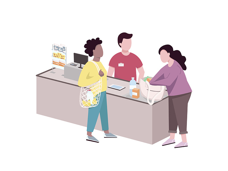 People at supermarket checkout flat color vector faceless characters