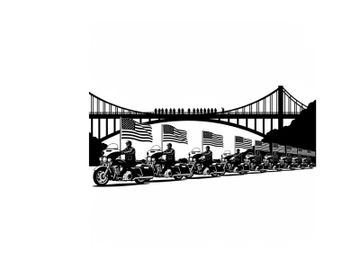 Motorcycle riders in silhouette under a bridge with american flags preview picture
