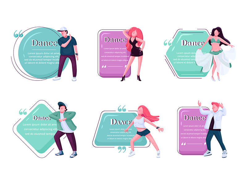 Dancers flat color vector character quotes set