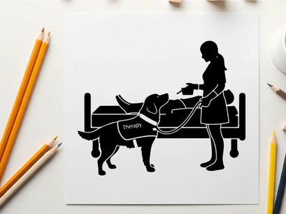 Silhouette of woman and service dog assisting person in bed