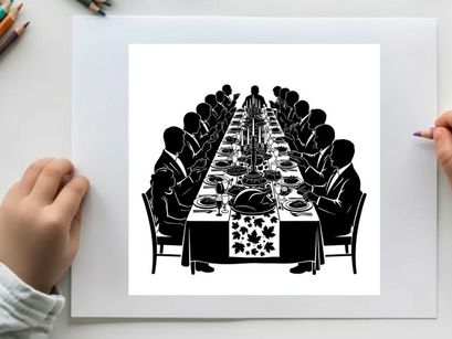 Silhouette of formal dinner party with guests seated around long table
