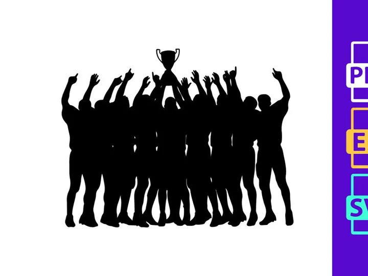 A group of people celebrating with a trophy in silhouette