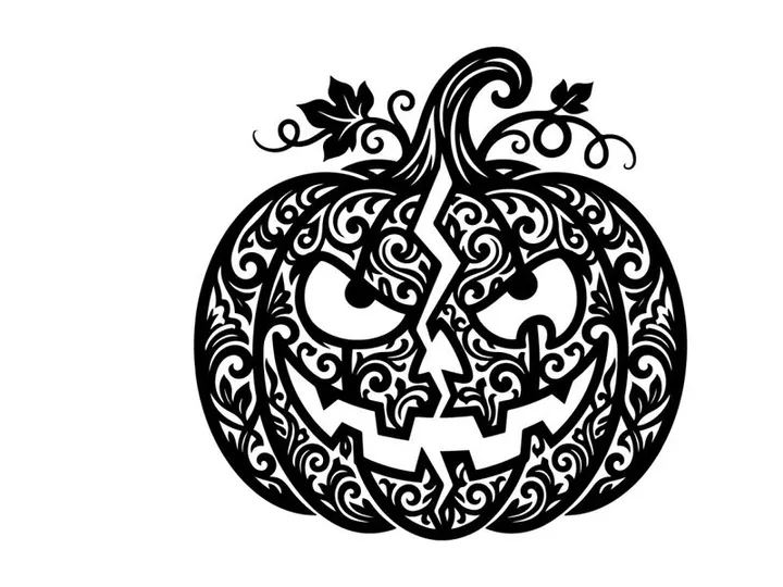 Intricate Halloween Pumpkin with Carved Face and Swirling Design
