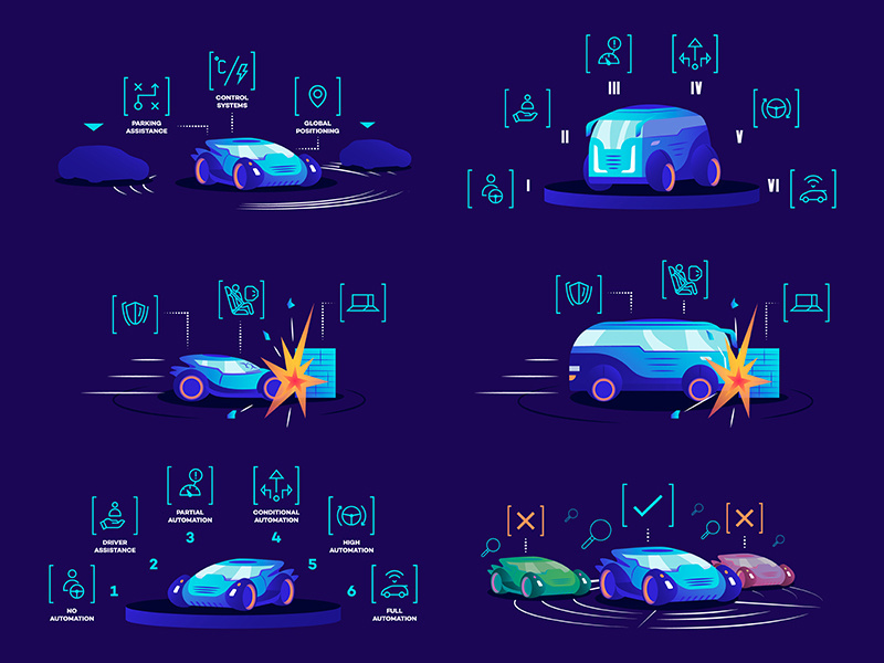 Driverless cars flat color vector illustrations set