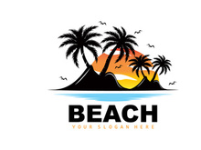 Coconut Tree Logo With Beach Atmosphere, Beach Plant Vector, Sunset View Design