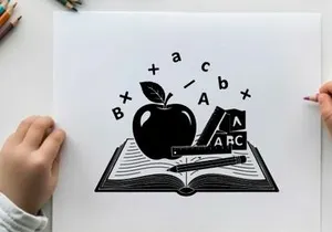 Silhouette of apple and books with floating alphabet silhouette