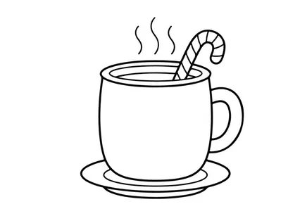 Caneca de chocolate quente de Natal com ilustração de arte de linha de bastão de doces para página de colorir