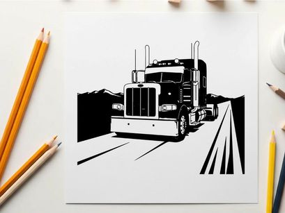 Semi truck silhouette driving down a highway with mountains
