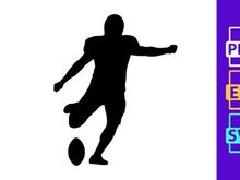 A silhouette of a person kicking an oval ball with their right foot in mid action