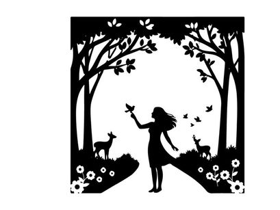 Silhouette of a girl in a forest with deer and flowers silhouette