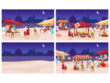 Night bazaar flat color vector illustrations set preview picture