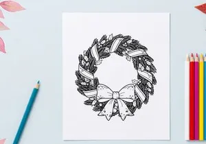 Christmas wreath line art illustration with festive ribbon and holly leaves for coloring