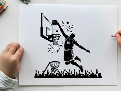 Silhouette of a basketball player dunking ball with crowd cheering