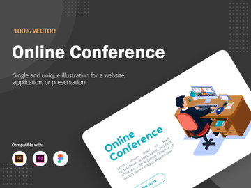 Business worker do online conference with his team. Isometric Illustration. preview picture