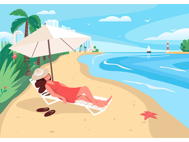 Woman relaxing at sandy beach flat color vector illustration