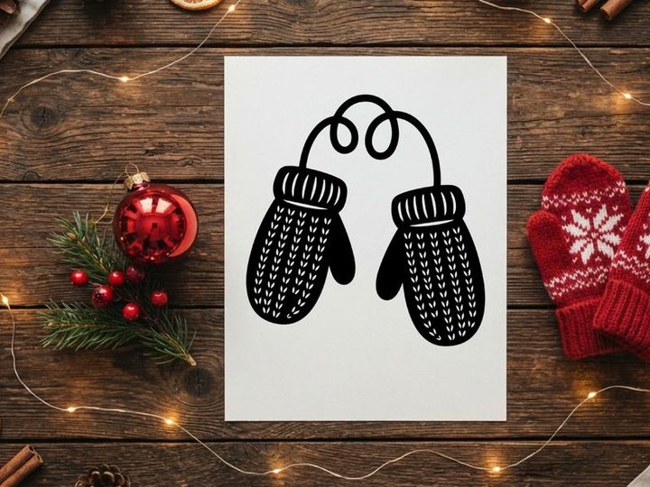 Black and white illustration of a pair of knitted winter mittens connected by a string