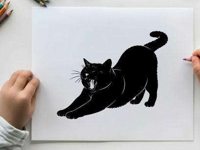 Black cat silhouette in aggressive stance with open mouth and sharp teeth
