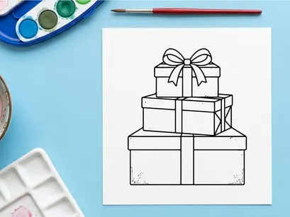 Pilha de caixas de presentes de Natal com laços, ilustração em arte de linha preto e branco.