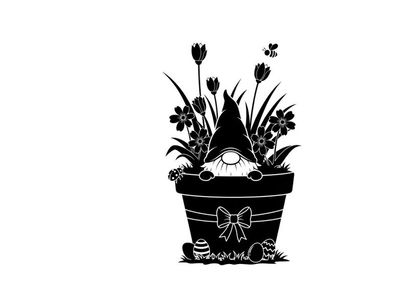 Silhouette of a garden gnome in a flower pot with tulips and bow