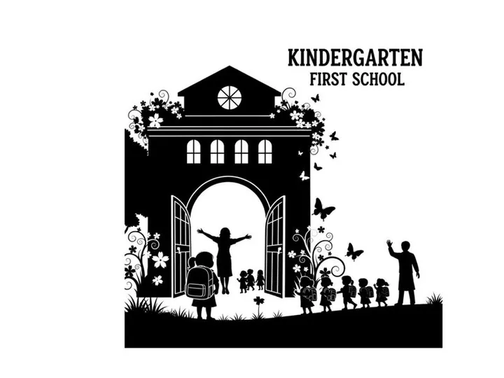 Silhouette of children and teacher outside kindergarten first school building