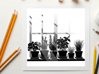 Silhouette of plants on a shelf in front of a window