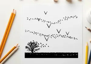 Silhouette of birds flying over a tree at sunset