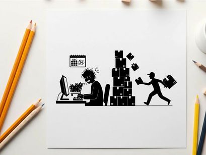Frustrated office worker beside a silhouette of a man running with papers