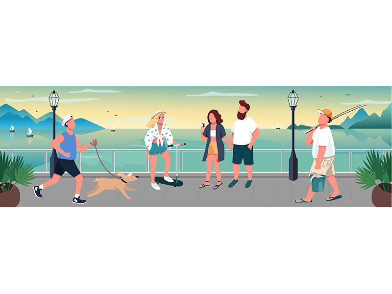 People walking on quay flat color vector illustration