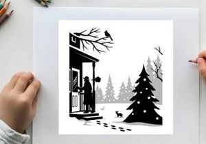 Winter scene silhouette with christmas tree and person on porch