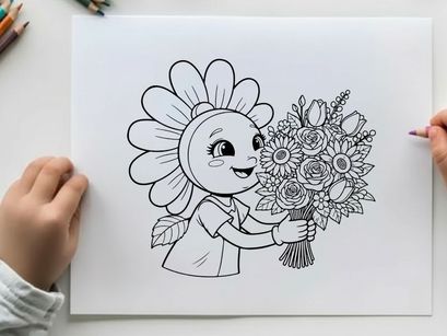 Cute girl holding flower bouquet vector illustration