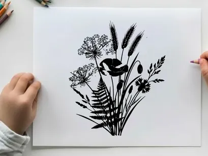 Silhouette of various plants and flowers in black