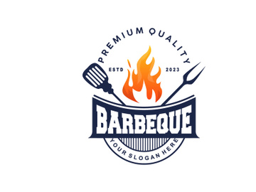 Barbeque Logo, Hot Grill Design With Fire And Spatula, Vector BBQ Grill Vintage preview picture