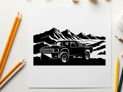 Silhouette of a pickup truck in front of majestic mountains silhouette