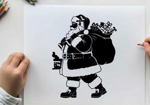 Santa claus silhouette with sack of toys on white