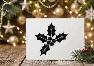 Black and white holly leaves and berries icon for Christmas holiday design elements.