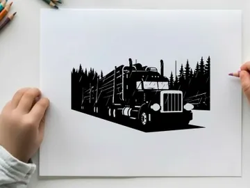 Logging truck silhouette driving on forest road with tree logs preview picture