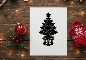 Black and white Christmas tree icon with a star topper and decorative bow in a pot