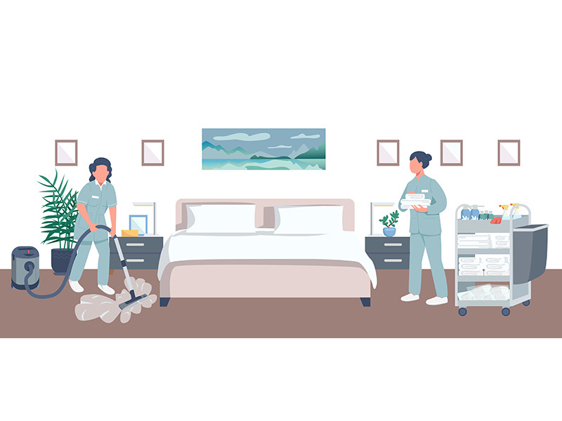 Hotel room cleaning flat color vector illustration