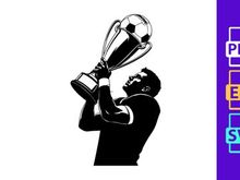 Man holding a soccer trophy cup in triumph and celebration