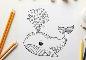 Whale spouting stars night sky dreamy vector illustration