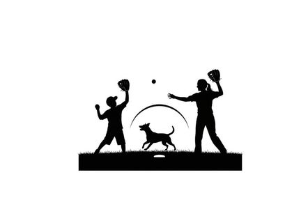 Silhouette of two people playing catch with dog