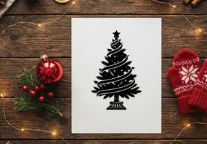 Black silhouette of a decorated Christmas tree with a star topper on white background