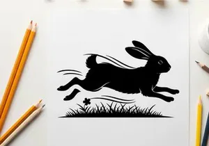 Silhouette of a running rabbit in the grass field silhouette