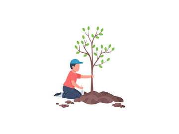Boy planting tree flat color vector faceless character preview picture