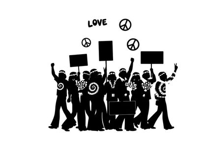 Peaceful protesters with signs and silhouette peace symbols