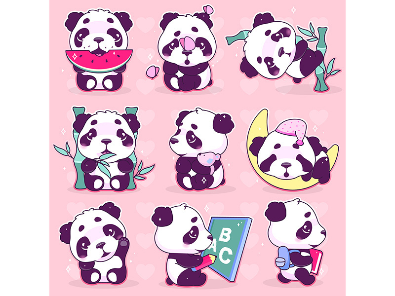 Cute panda kawaii cartoon vector characters set