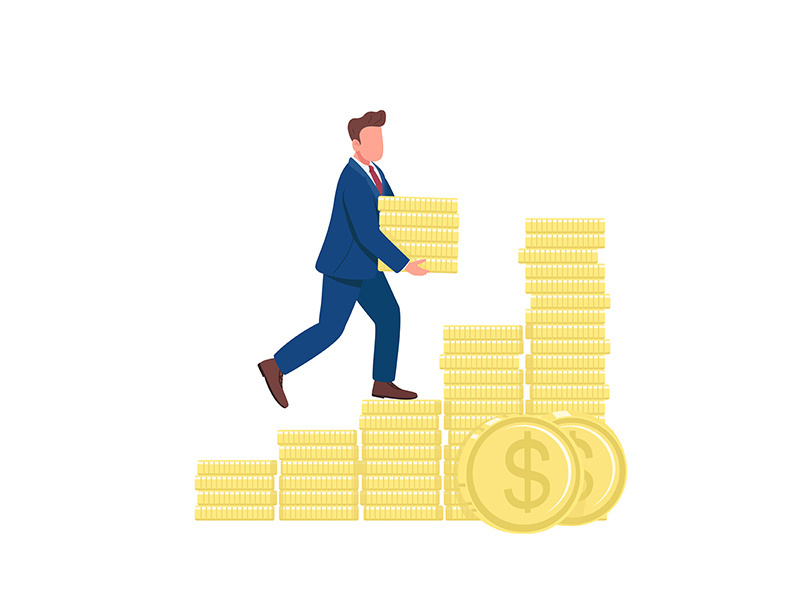 Man walking up on golden coins flat concept vector illustration