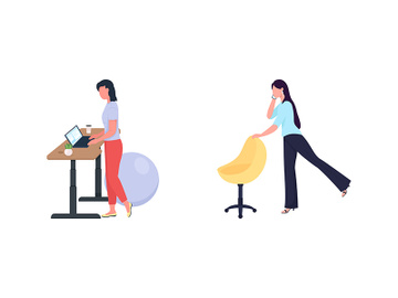 Woman standing while work flat color vector faceless character set preview picture
