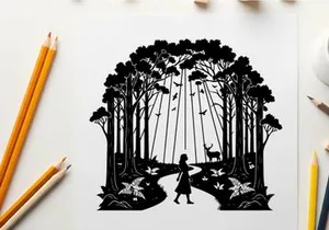 Silhouette of a girl in a forest with deer silhouette
