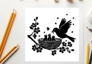 Silhouette of bird feeding chicks in nest on blooming branch